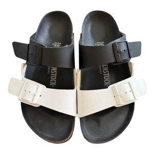 Birkenstock Arizona Split Black White Birko Flor Sandals Size 36 Narrow
